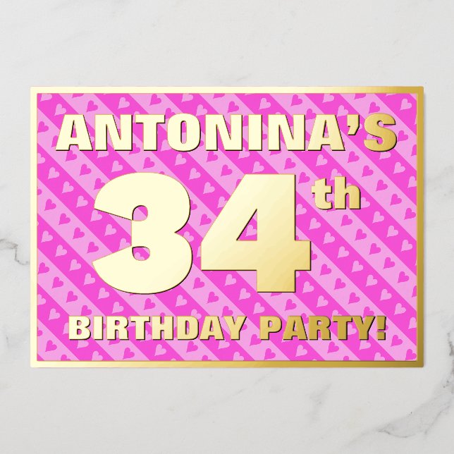 Invitation En Aluminium Fête du 34e anniversaire — Coeurs roses amusants e (Recto)