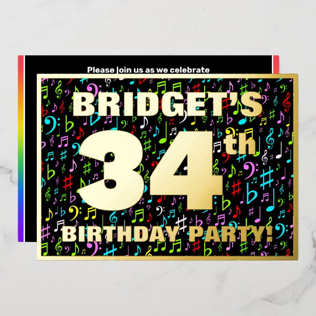 Invitation En Aluminium Fête du 34e anniversaire — Symboles de musique amu (Recto/Verso)
