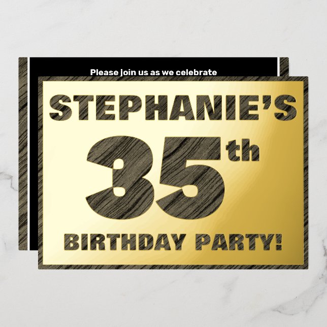 Invitation En Aluminium Fête du 35e anniversaire — Gras, Faux Wood Grain T (Recto/Verso)