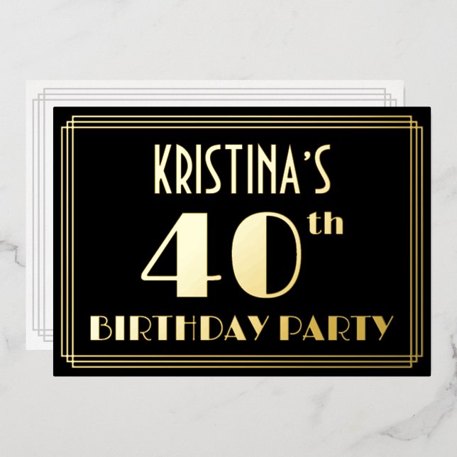 Invitation En Aluminium Fête du 40e anniversaire : Art Déco Look "40", ave (Recto/Verso)