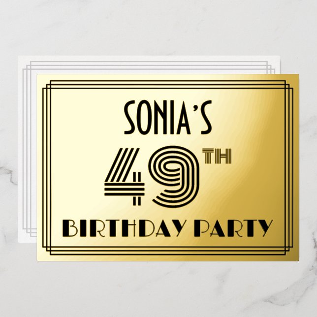 Invitation En Aluminium Fête du 49e anniversaire — Art Déco Style "49" & N (Recto/Verso)