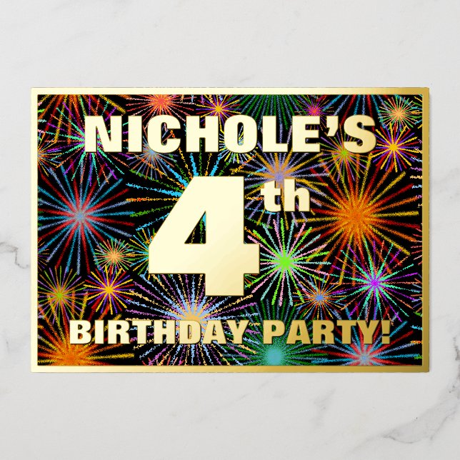 Invitation En Aluminium Fête du 4e anniversaire — Amusant, Feu d'artifice  (Recto)
