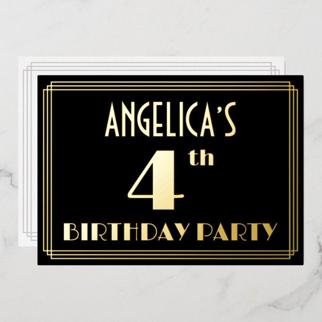 Invitation En Aluminium Fête du 4e anniversaire : Art Déco Look "4", avec  (Recto/Verso)