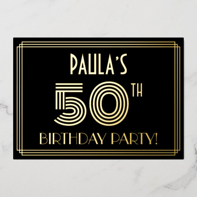 Invitation En Aluminium Fête du 50e anniversaire — Style Art Déco "50" + N (Recto)