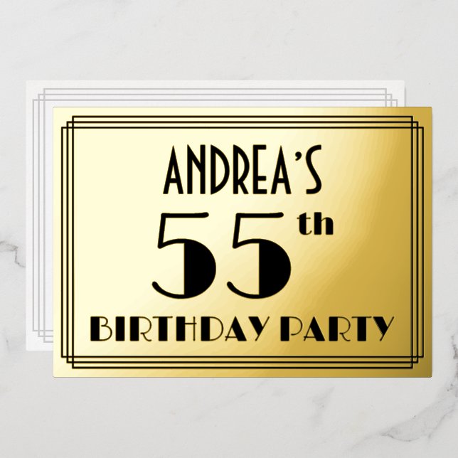 Invitation En Aluminium Fête du 55e anniversaire — Art Déco Look "55" + No (Recto/Verso)