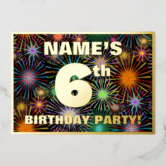 Invitation En Aluminium Fête du 6e anniversaire — Amusant, Feu d'artifice  (Recto)