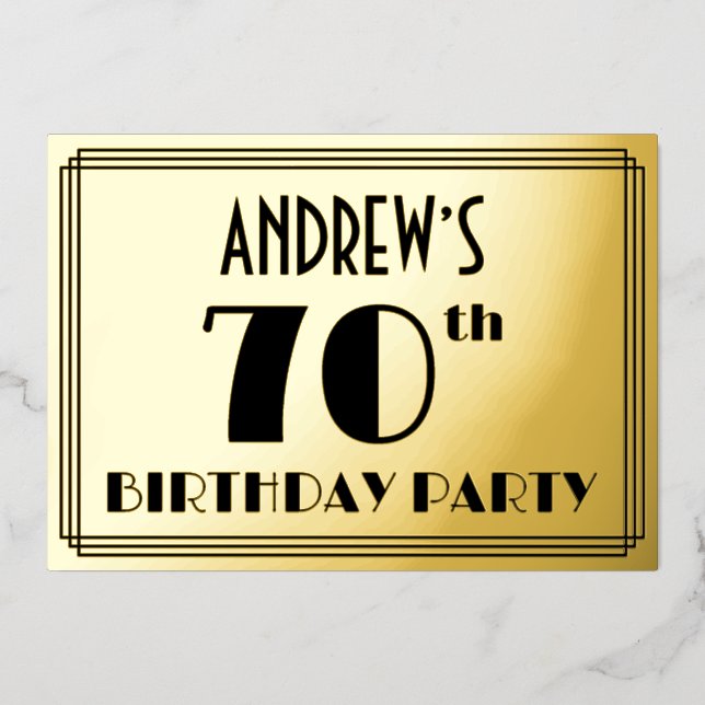 Invitation En Aluminium Fête du 70e anniversaire — Art Déco Look "70" + No (Recto)