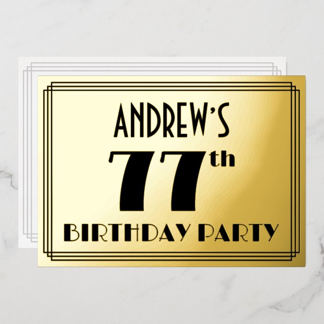 Invitation En Aluminium Fête du 77e anniversaire — Art Déco Look "77" + No (Recto/Verso)
