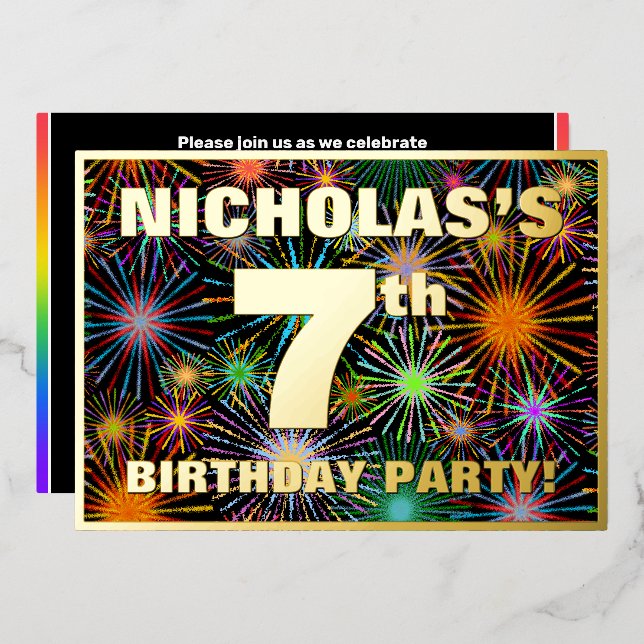 Invitation En Aluminium Fête du 7e anniversaire — Amusant, Feu d'artifice  (Recto/Verso)