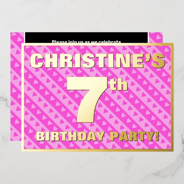 Invitation En Aluminium Fête du 7e anniversaire — Coeurs roses amusants et (Recto/Verso)