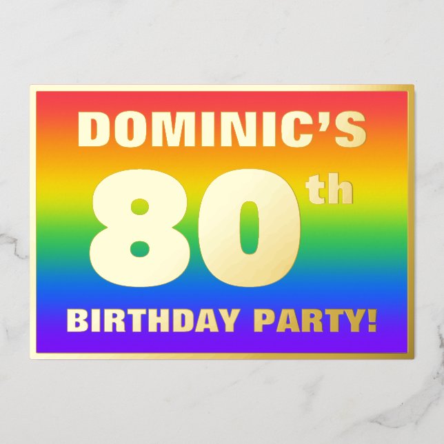 Invitation En Aluminium Fête du 80e anniversaire : Amusant, Motif arc-en-c (Recto)