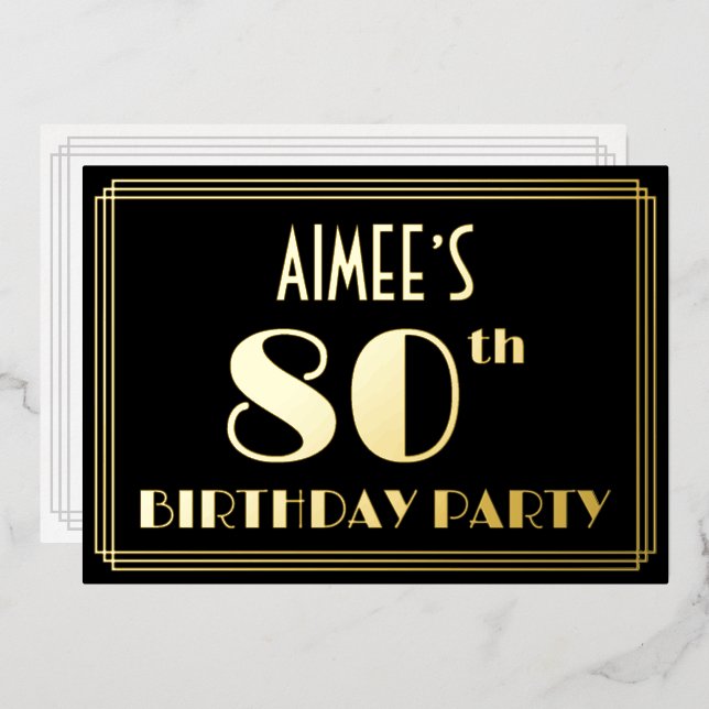 Invitation En Aluminium Fête du 80e anniversaire : Art Déco Look "80", ave (Recto/Verso)