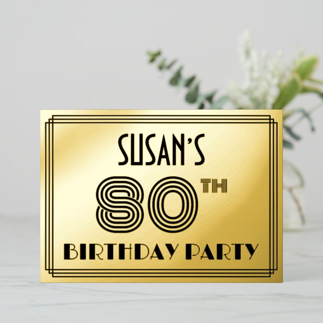 Invitation En Aluminium Fête du 80e anniversaire — Art Déco Style "80" & N (Debout devant)