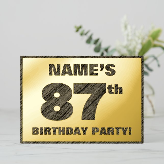 Invitation En Aluminium Fête du 87e anniversaire — Gras, Faux Wood Grain T (Debout devant)