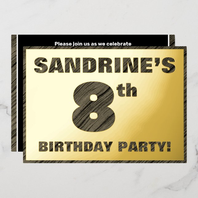 Invitation En Aluminium Fête du 8e anniversaire — Gras, Faux Wood Grain Te (Recto/Verso)