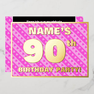 Invitation En Aluminium Fête du 90e anniversaire — Coeurs et rayures roses