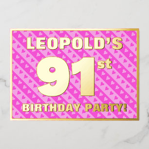 Invitation En Aluminium Fête du 91e anniversaire — Cœurs roses et rayures