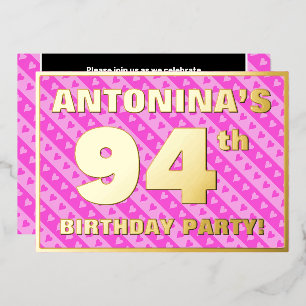 Invitation En Aluminium Fête du 94e anniversaire — Cœurs roses et rayures 