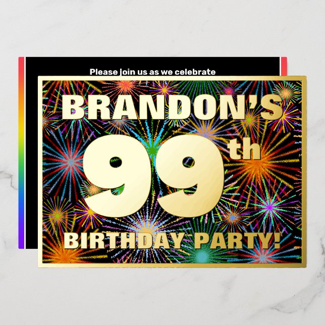 Invitation En Aluminium Fête du 99e anniversaire — Fun d'artifice amusant  (Recto/Verso)
