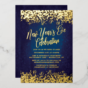Invitation En Aluminium Fête du Nouvel An Bleu Marine Confetti Doré