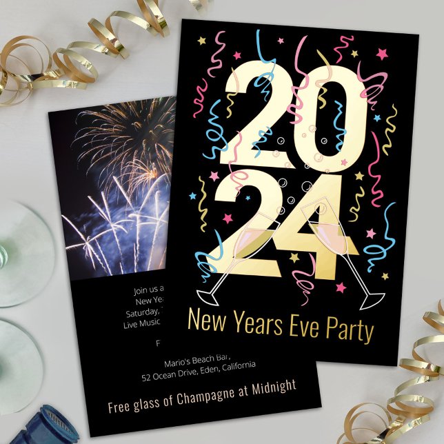 Invitation En Aluminium Fête du Nouvel An de lunettes de champagne 2024 (Créateur téléchargé)