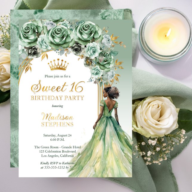 Invitation En Aluminium Fête élégante de Sweet 16 avec rose florale verte  (Elegant Sage Green Rose Floral Sweet 16 Party Gold Foil Invitation)