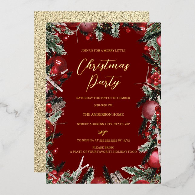 Invitation En Aluminium Fête Festive Rouge d'or Noël Foliage Fête Wreath (Recto/Verso)