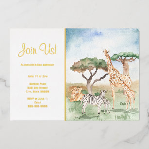 Invitation En Aluminium Fête Maman + Bébé Animaux Africains Aquarelle Or