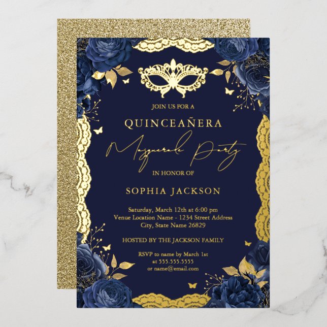 Invitation En Aluminium Fête Masquerade Marine Dentelle florale Quinceaner (Recto/Verso)