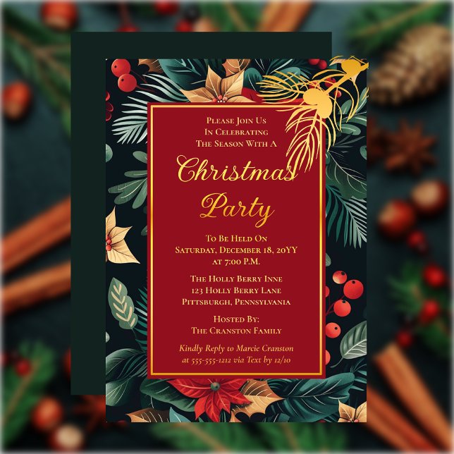 Invitation En Aluminium Fête noire Poinsettia Fête de Noël Floral (Elegant Dark and Moody Holiday Poinsettia Floral Christmas Party Gold Foil Invitation)
