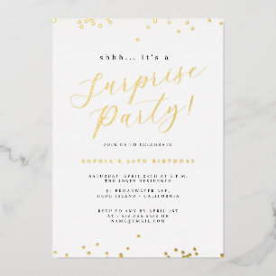 Invitation En Aluminium Fête surprise avec confettis en écriture dorée
