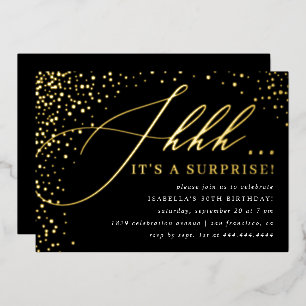 Invitation En Aluminium Fête surprise écriture confettis noir et or