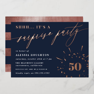 Invitation En Aluminium Fête surprise écriture Or Rose & Bleu Marine