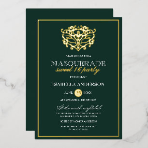 Invitation En Aluminium Fête Sweet 16 Mascarade Vert Émeraude & Or