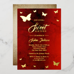 Invitation En Aluminium Fête Sweet 16 Papillon Rouge Feuille D'OR