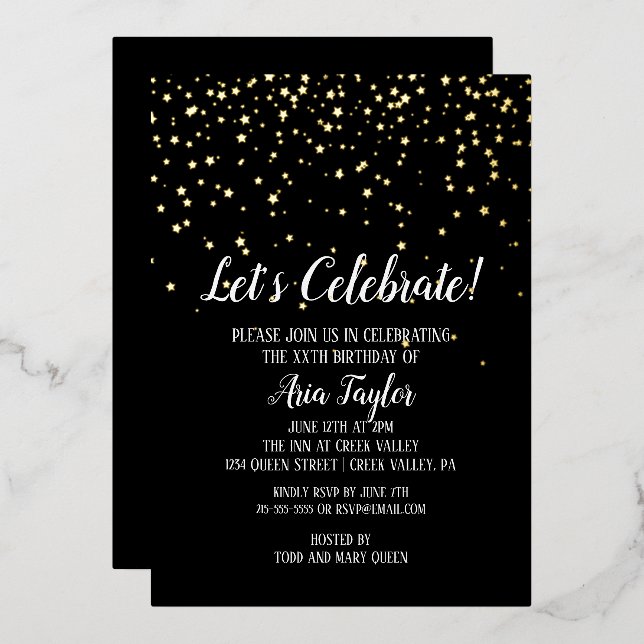 Invitation En Aluminium Fêtons Confetti sur Black Birthday Gold (Recto/Verso)