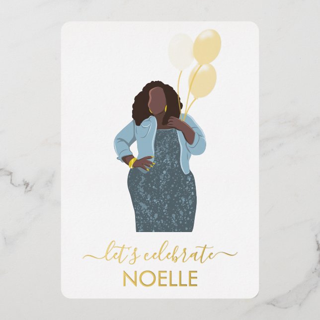 Invitation En Aluminium Fêtons l'anniversaire ! Femme noire avec ballons (Recto)