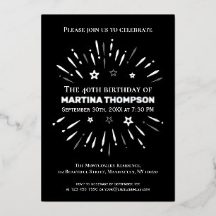 Invitation En Aluminium Feu d'artifice noir blanc gris 40e fête d'annivers