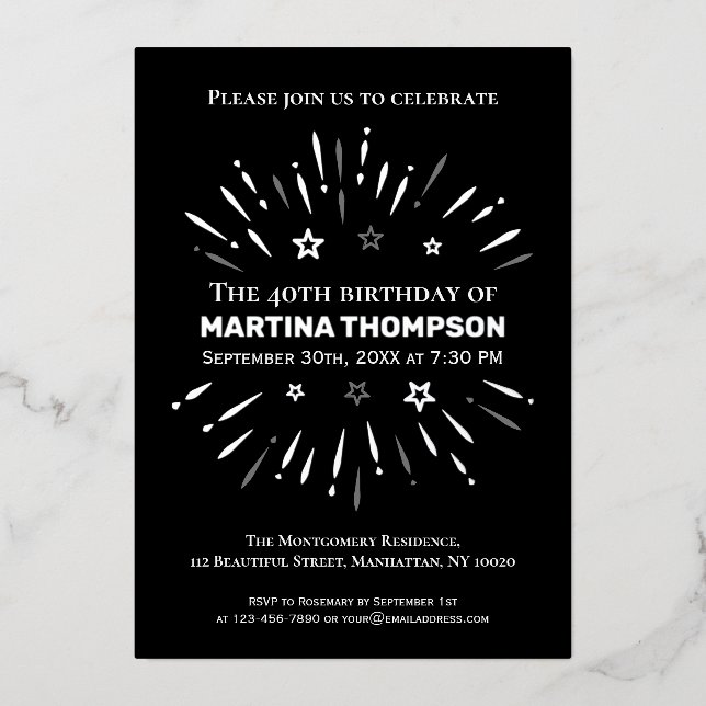 Invitation En Aluminium Feu d'artifice noir blanc gris 40e fête d'annivers (Recto)