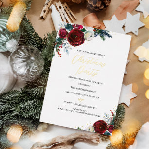 Invitation En Aluminium Feuillage aquarelle festif rouge fête de Noël
