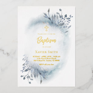 Invitation En Aluminium feuillage bleu poussiéreux aquarelle Baptême