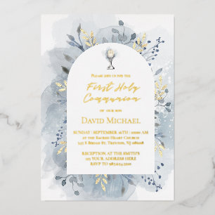 Invitation En Aluminium Feuillage bleu Première Sainte Communion