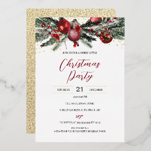 Invitation En Aluminium Feuillage de fête de Noël doré rouge