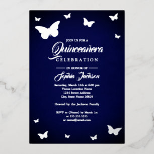 Invitation En Aluminium Feuille d'argent Quinceanera Papillon Navy