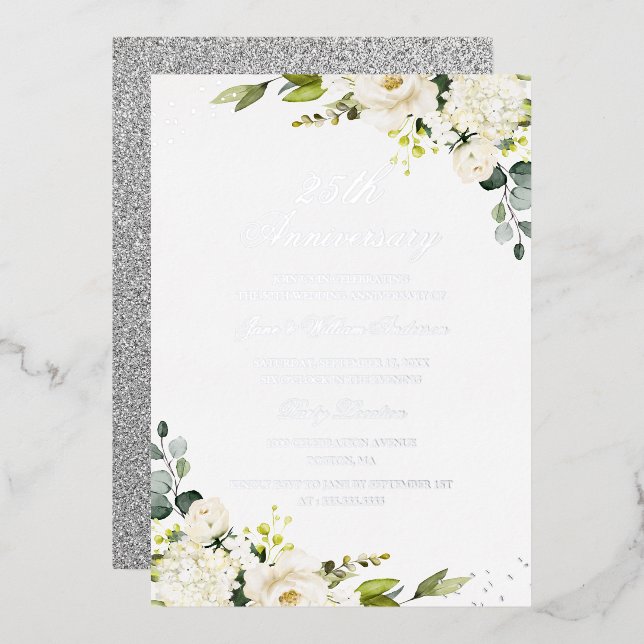 Invitation En Aluminium Feuille d'Argent Réel Fleur 25ème Anniversaire Feu (Recto/Verso)
