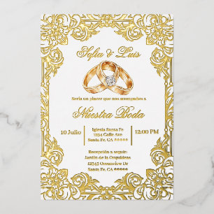 Invitation En Aluminium feuille d'or avec cadre mariage espagnol