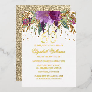 Invitation En Aluminium Feuille D'OR Floral Glitter Améthyste 60e Annivers