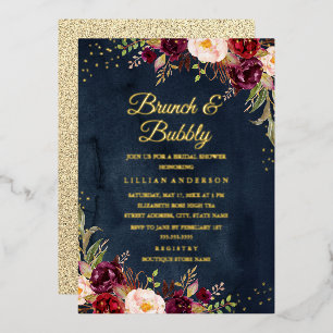 Invitation En Aluminium FEUILLE D'OR Navy Bourgogne Floral Brunch Et Bubbl