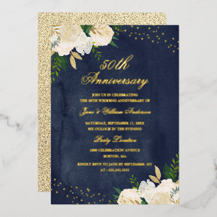 Invitation En Aluminium FEUILLE D'OR Navy Fleurs Dorées 50e Anniversaire