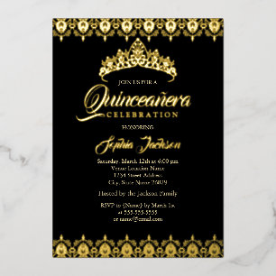 Invitation En Aluminium Feuille d'or noir Tiara Quinceanera